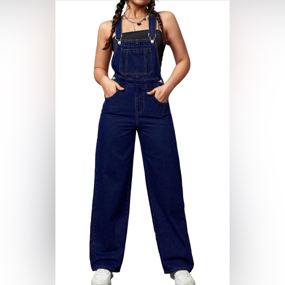 Women's Flysun Dark Blue Denim Wide Leg Overalls size Medium
